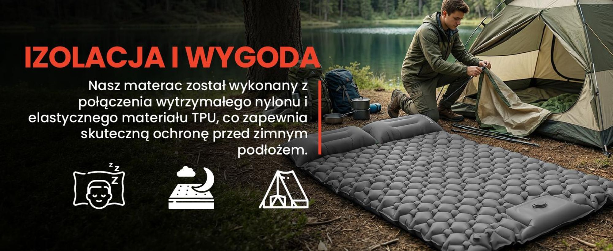 Dwuosobowy materac turystyczny w kolorze szarym samopompujący się lekki