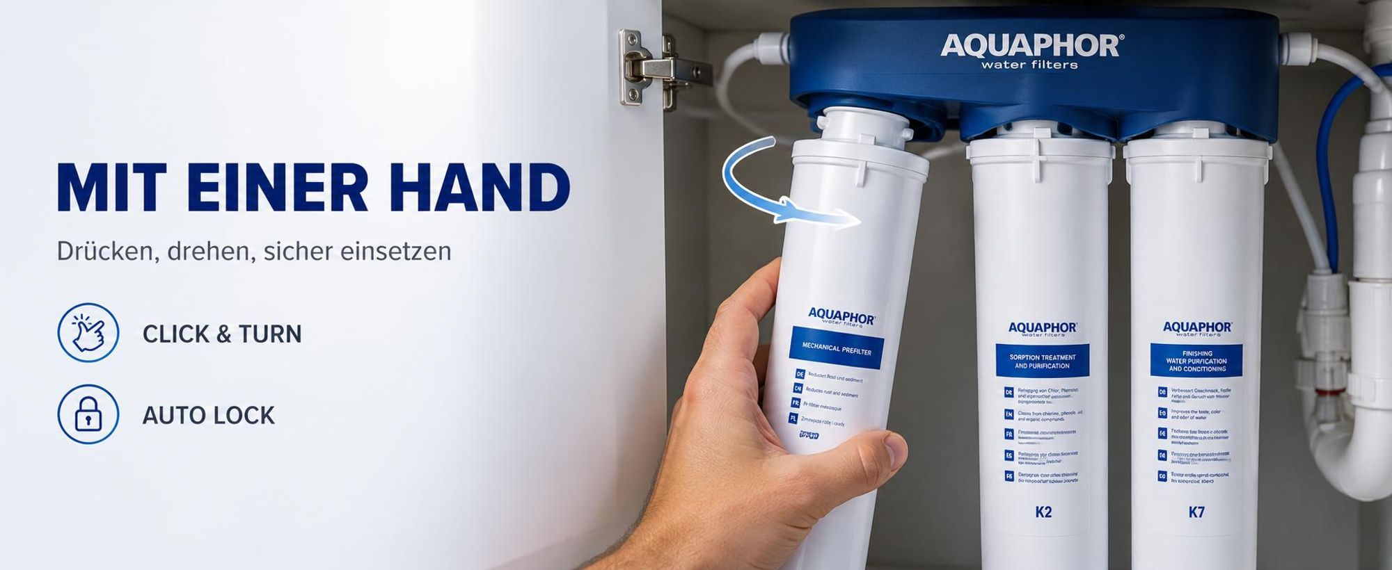 AQUAPHOR Crystal A TRIO Trinkwasserfiltersystem mit 1 Wege Wasserhahn, Keimsperre gegen Bakterien, aktives Chlor, Schwermetalle, Pharmazeutika, Medikamente und Mikroplastik