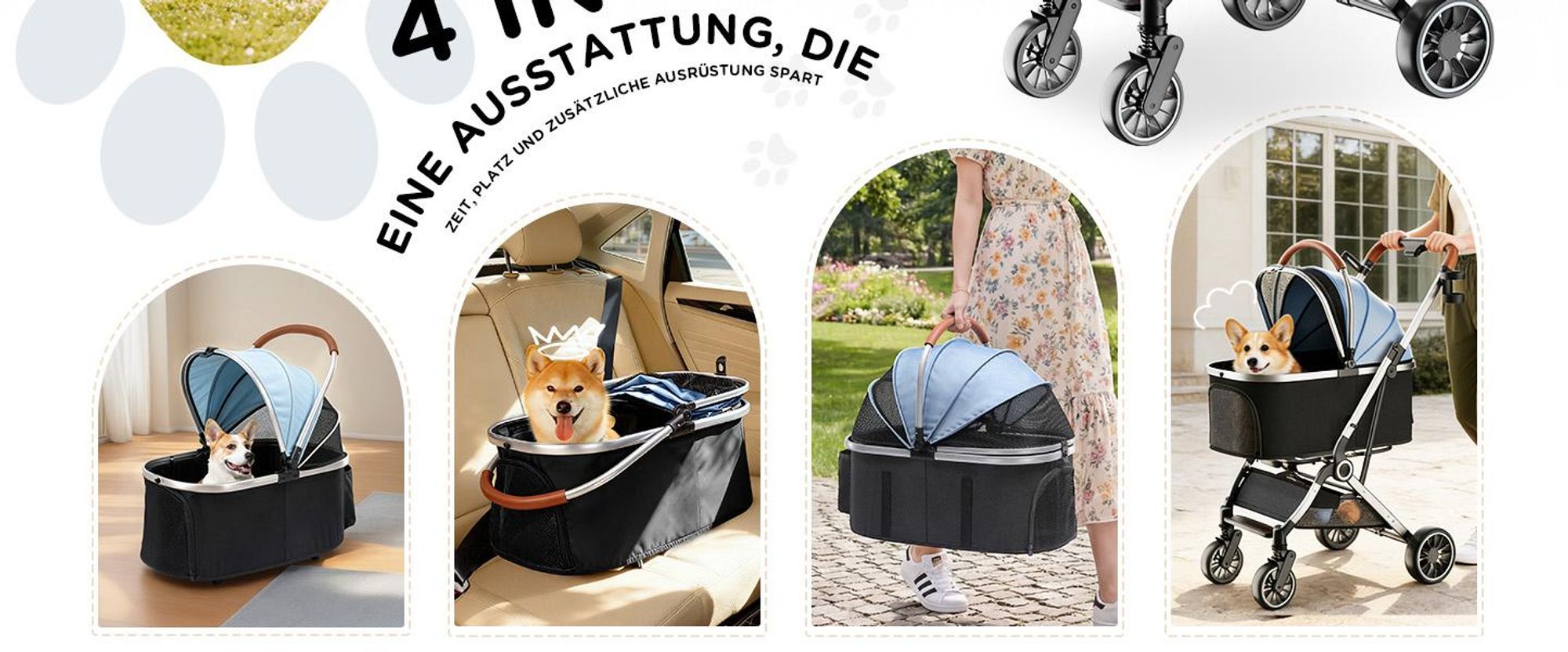 COMHOMA Hundebuggy klappbar bis 25KG, 360°schwenkbares EVA-Vorderrad und Hinterradbremsen, 4-in-1 Hundewagen, Faltbar Katzenwagen BLUE