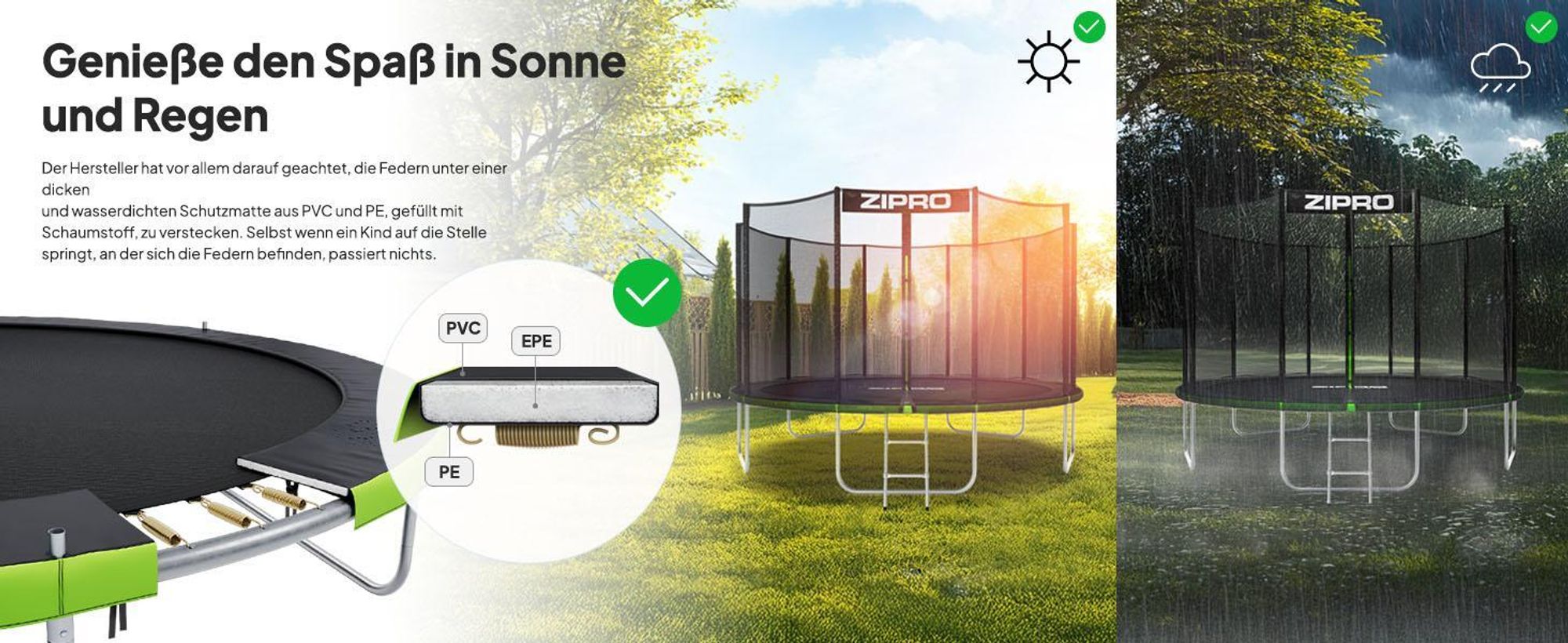 ZIPRO Trampolin Jump Pro Out | 14FT Ø 435 cm | Gartentrampolin Kindertrampolin Komplett-Set inkl. Außennetz, Leiter & Randabdeckung, Outdoor, Grün
