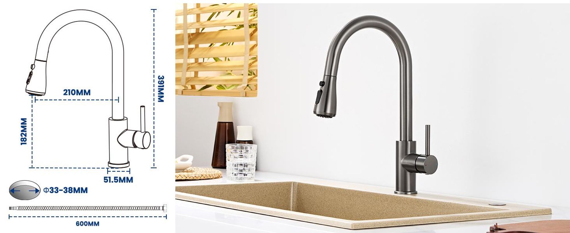 Küchenarmatur Grau, Ausziehbar Wasserhahn Küche mit 2 Strahlarten, hochdruckarmatur, Cecipa MAX Wasserhahn für Spülbecken, 304 Edelstahl Mischbatterie