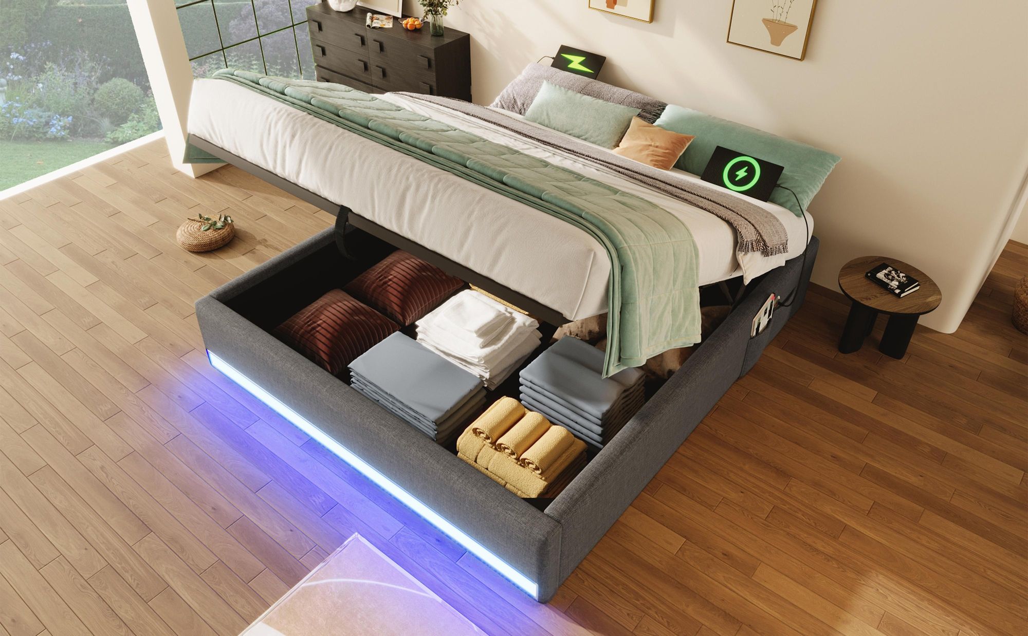Polsterbett, LED-Leiste,Mit USB und Typ-C, Mit kleinen Aufbewahrungstaschen