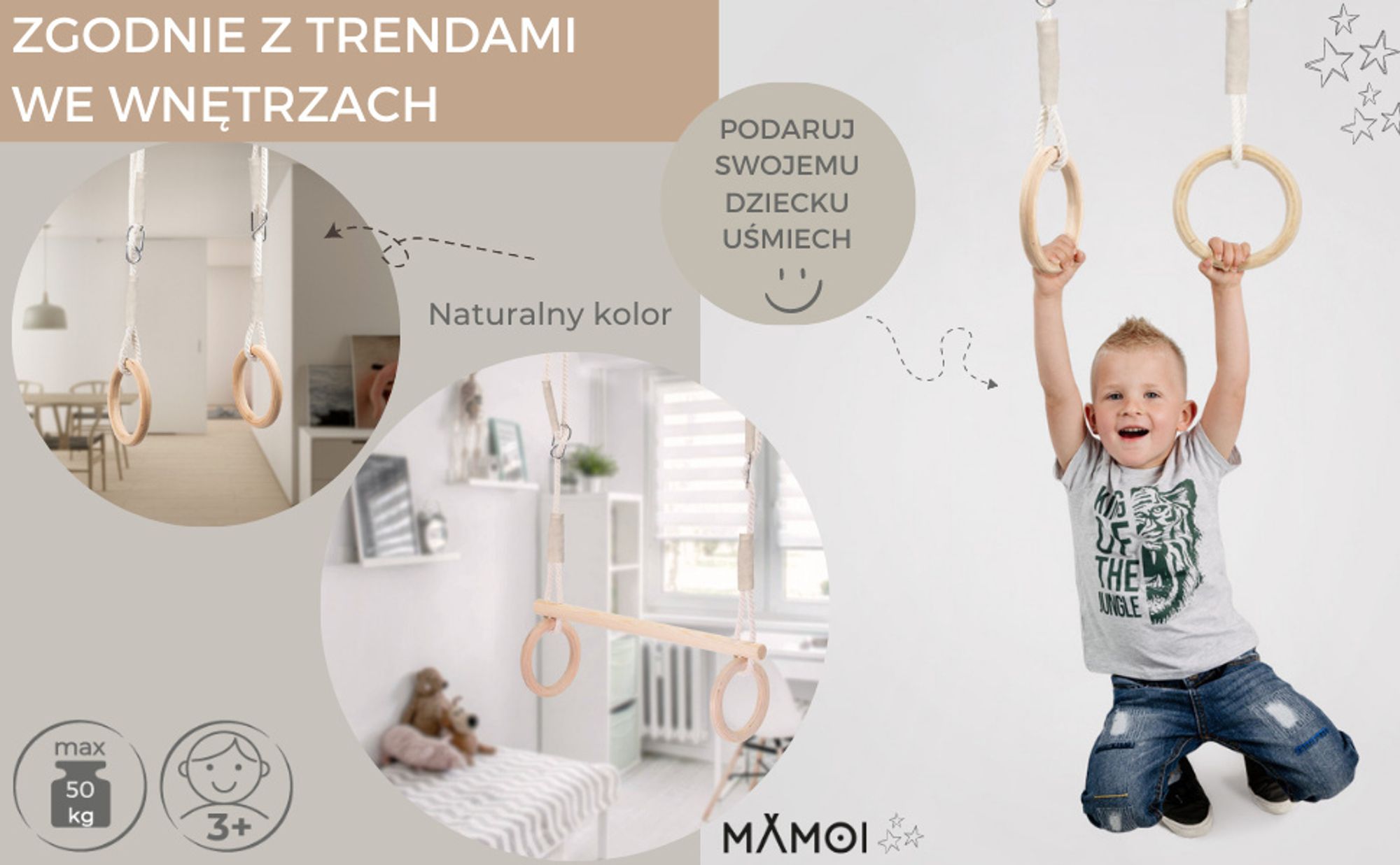 MAMOI® Huśtawka trapezowa, kółka gimnastyczne wykonane z drewna, sprzęt gimnastyczny dla dzieci do użytku wewnątrz i na zewnątrz, huśtawka z kółkami, gimnastyka z drewnianą huśtawką, kółka gimnastyczne i trapez