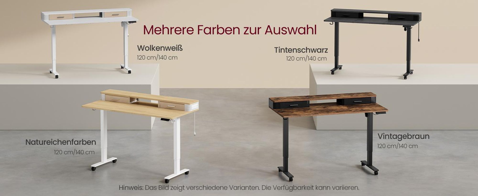 VASAGLE Höhenverstellbarer Schreibtisch elektrisch, 120 cm, stufenlos verstellbar, mit Steckdosenleiste, Haken, Memory-Funktion