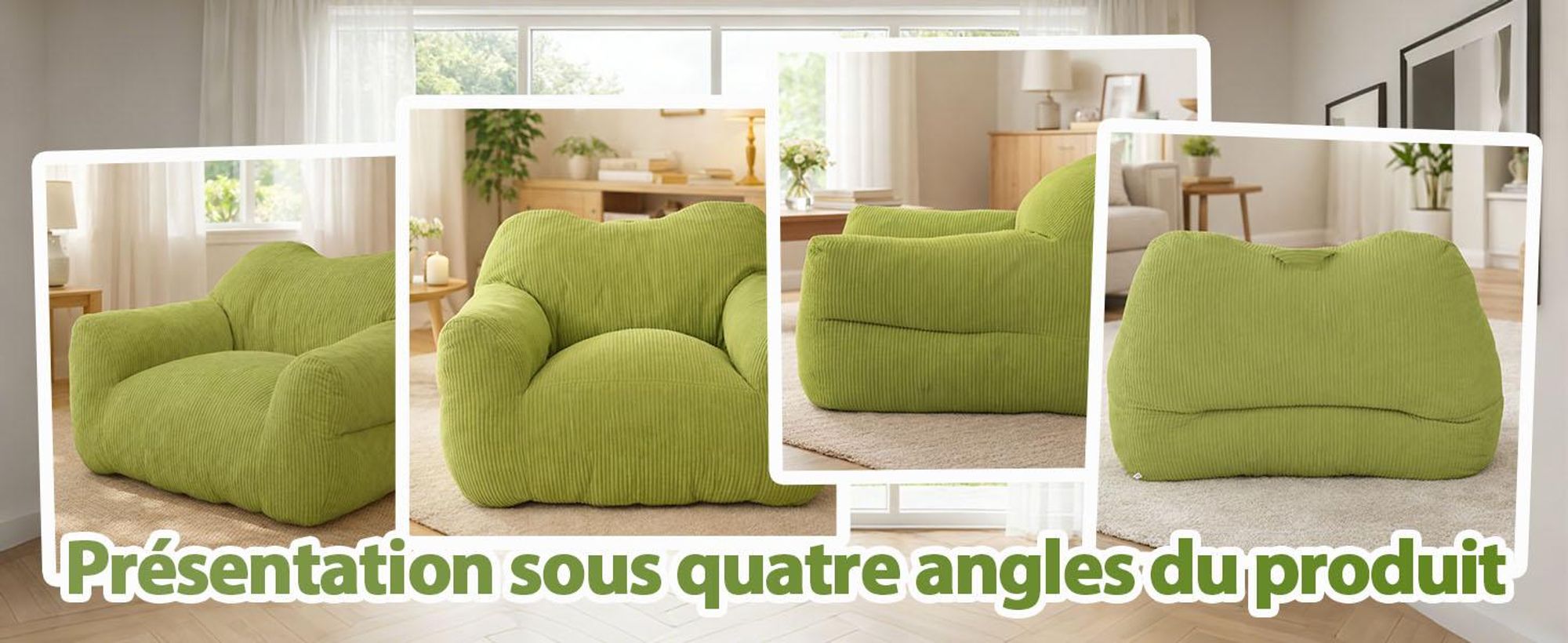 Pouf géant pour adulte, rembourrage en mousse déchiquetée, canapé de sol moelleux, forme carrée, vert gazon