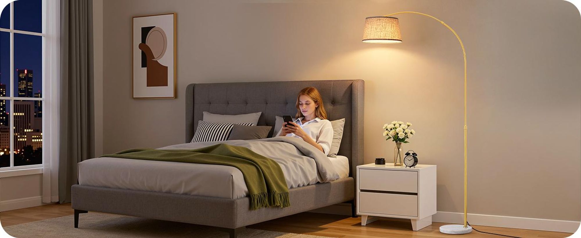 EDISHINE Stehlampe Wohnzimmer mit Fernbedienung, 143-176 cm verstellbar, Bogenlampe mit drehbarem Lampenkopf, stufenlos dimmbar