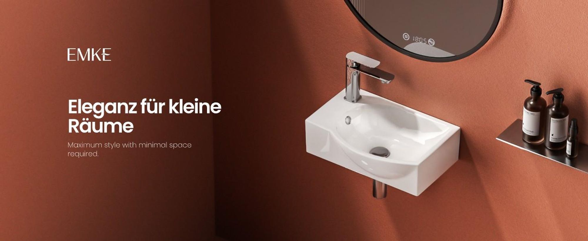 EMKE Asymmetrische Waschbecken mit Hahnloch links Kompaktes Hängewaschbecken für Gäste-WC kleines Handwaschbecken zur Wandmontage