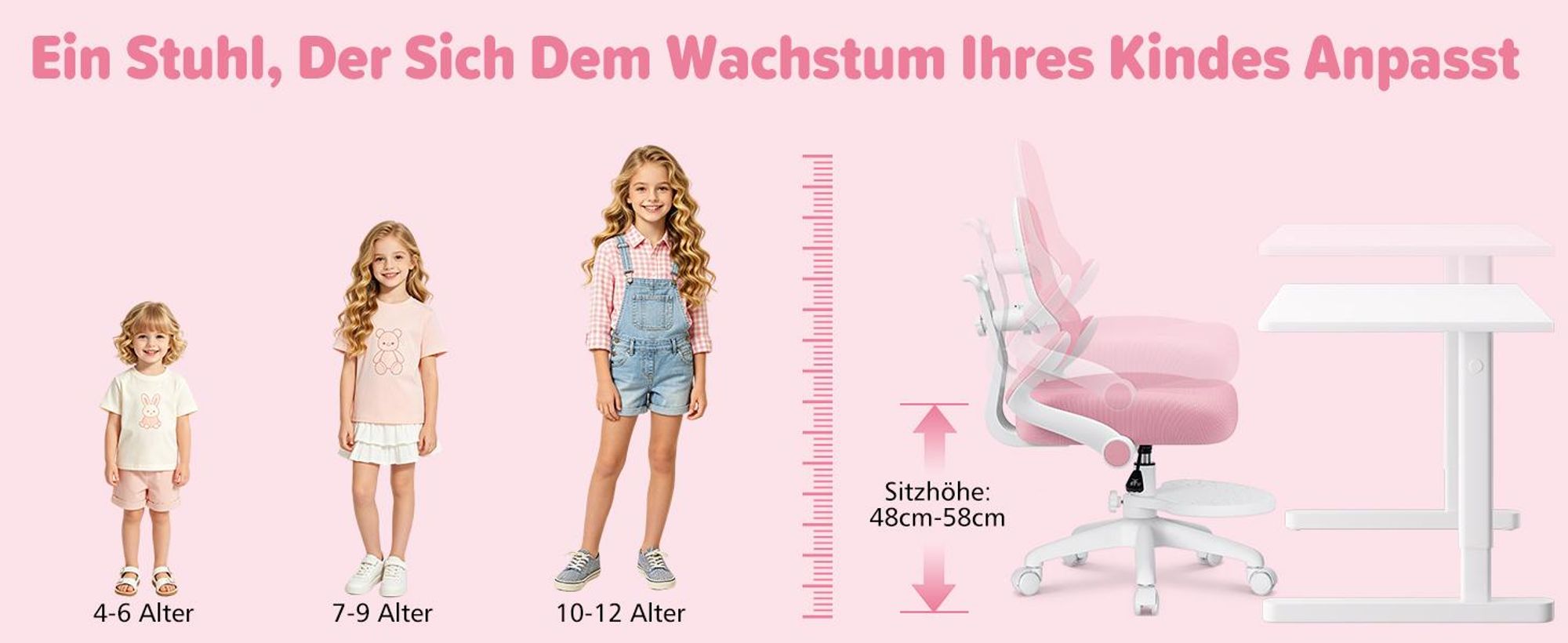 HOFFREE Ergonomischer Schreibtischstuhl für Kinder - mit verstellbarer Rückenlehne, sattelförmigem Sitzpolster, um 90° hochklappbaren Armlehnen, Pink