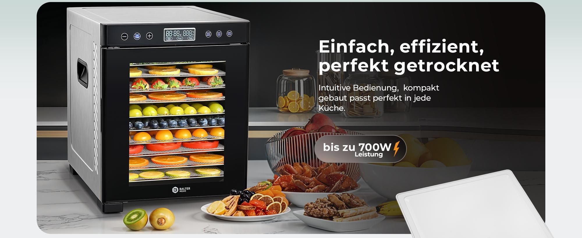 Balter Dörrautomat Edelstahl mit 10 Etagen, 700 W, Dörrgerät, LED-Display, 48-Stunden-Timer und Temperaturregelung, Dehydrator, BPA-frei