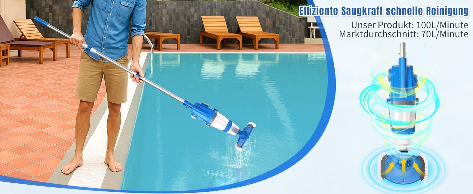 FCH Poolsauger, Kabelloser Akku-Poolsauger mit Teleskopstange, Starke Saugkraft, Lange Laufzeit, 33W, Blau
