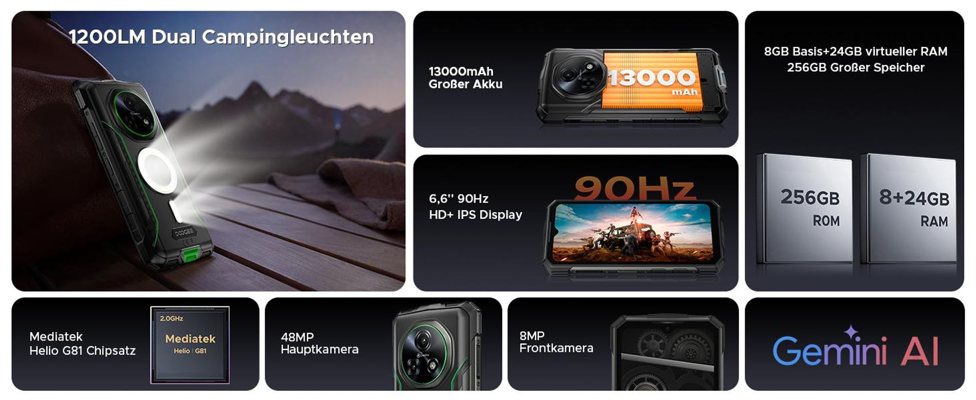 DOOGEE Fire 5 Ultra Outdoor Smartphone Handy, 4G, IP68/IP69K, 6,6" 90Hz, 13000mAh, 32+256GB, 48MP, NFC, Fingerabdruck, ohne Vertrag