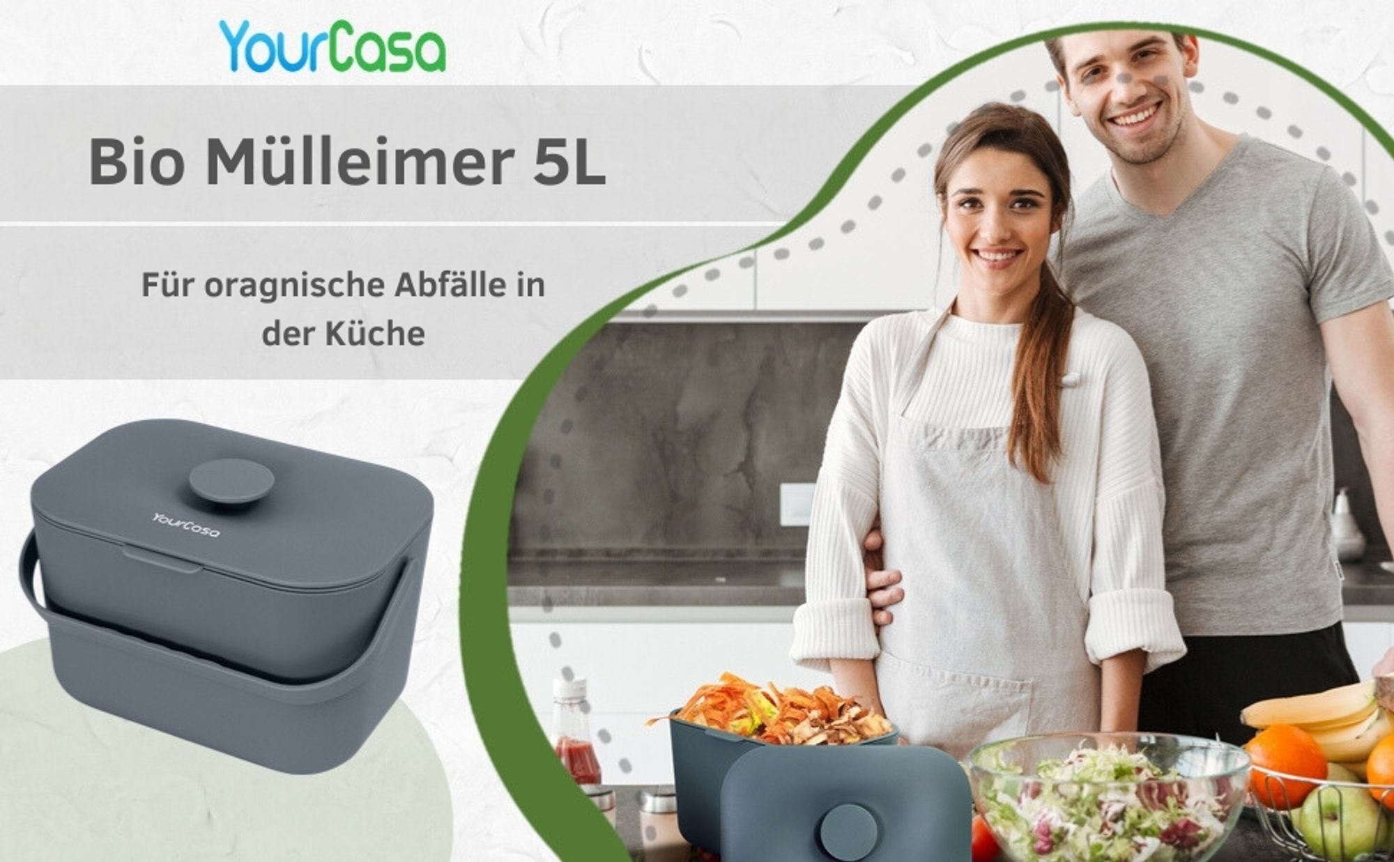 YourCasa Biomülleimer Küche 5L - Komposteimer für alltäglichen Biomüll Spülmaschinenfest mit Sieb & ergonomischen Griff Mint