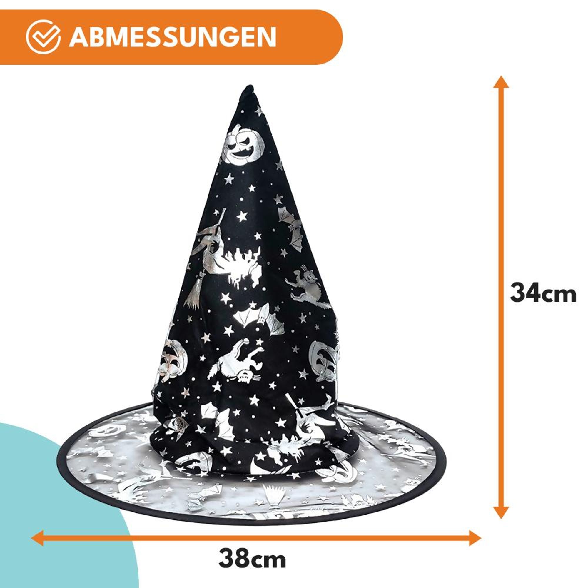KRUMAD Halloween Hexenhut Schwarz - spitzer Zaubererhut mit Kürbis & Fledermaus Motiv, Universalgröße für Kinder & Erwachsene, Kostüm Zubehör Karneval