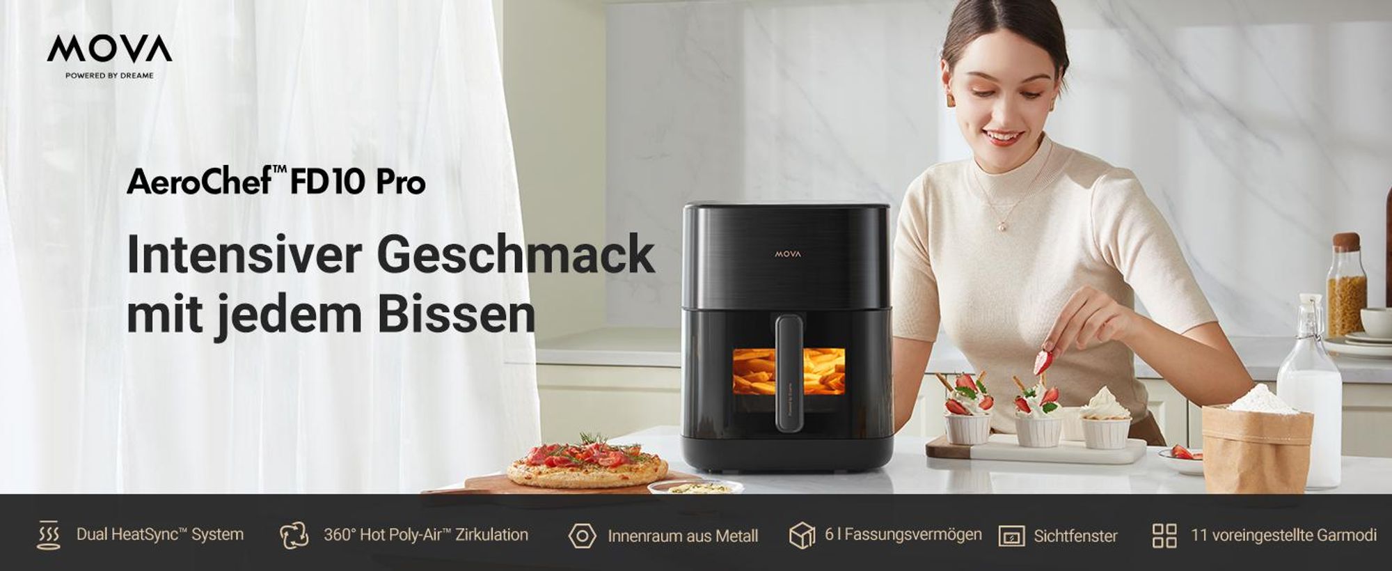 MOVA AeroChef FD10 Pro Heißluftfritteuse, 6L große ölfreie Fritteuse mit Warmluftzirkulation, schnelles knuspriges Garen, Innenraum aus Metall