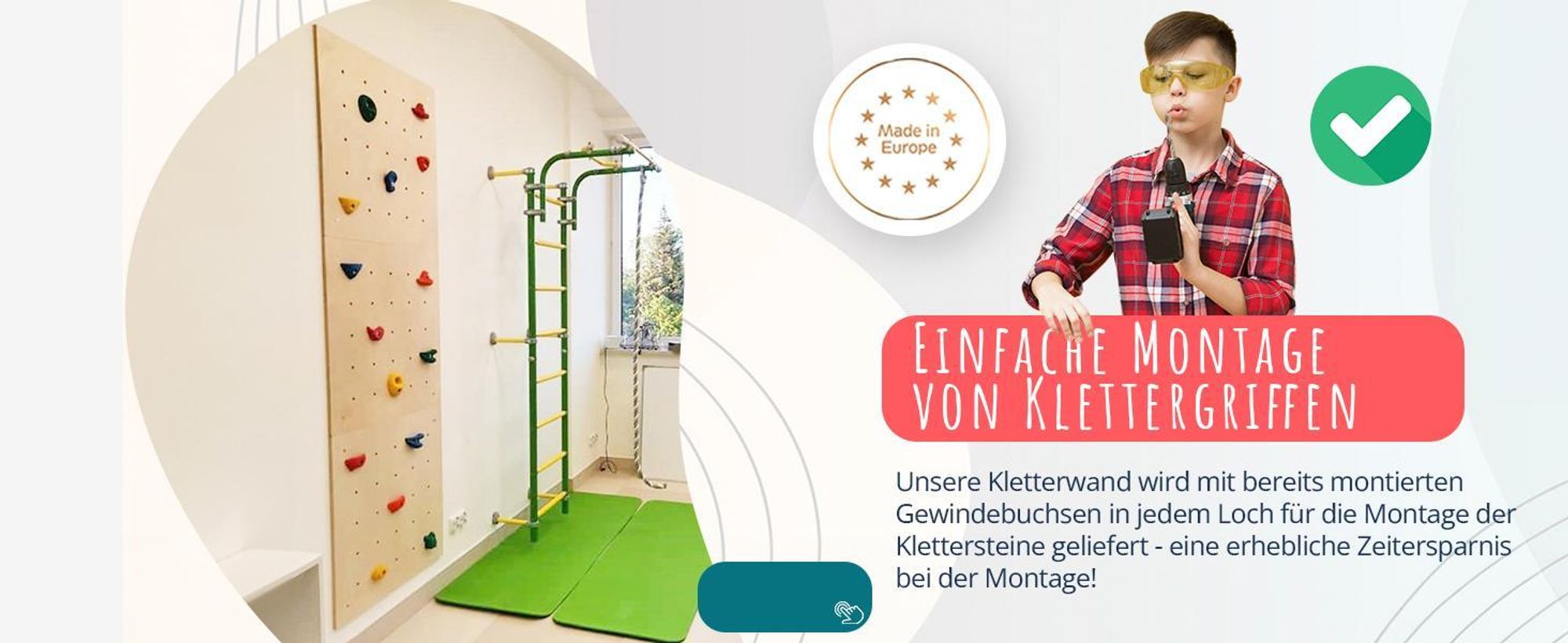 Create for you® - Kletterwand Kinderzimmer + 5 Klettersteine, Indoor, 60x120cm