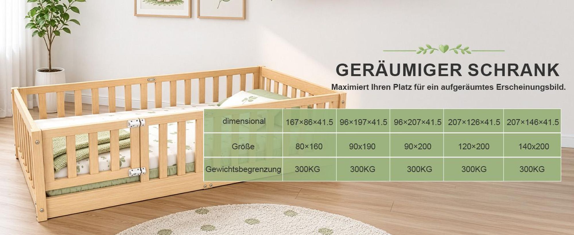 FCH Kinderbett mit Rausfallschutz & Lattenrost, 80x160cm, Montessori Bodenbett mit seitlichem Ausstieg, Einzelbett für Jugendzimmer, Naturbelassen