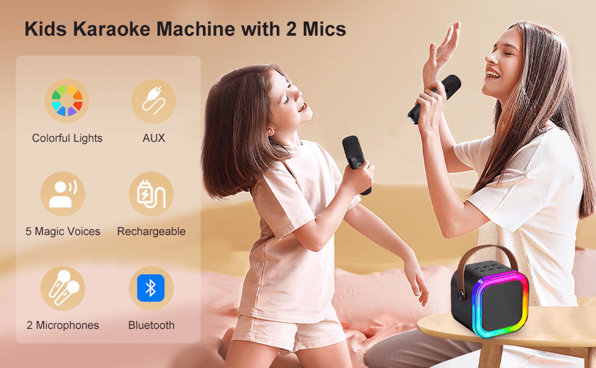 Karaoke Maschine Kinder mit 2 Mikrofonen kabellos, Bluetooth Mikrofon Kinder mit Stimmveränderung, Geburtstags Jungen 4–12 Jahre
