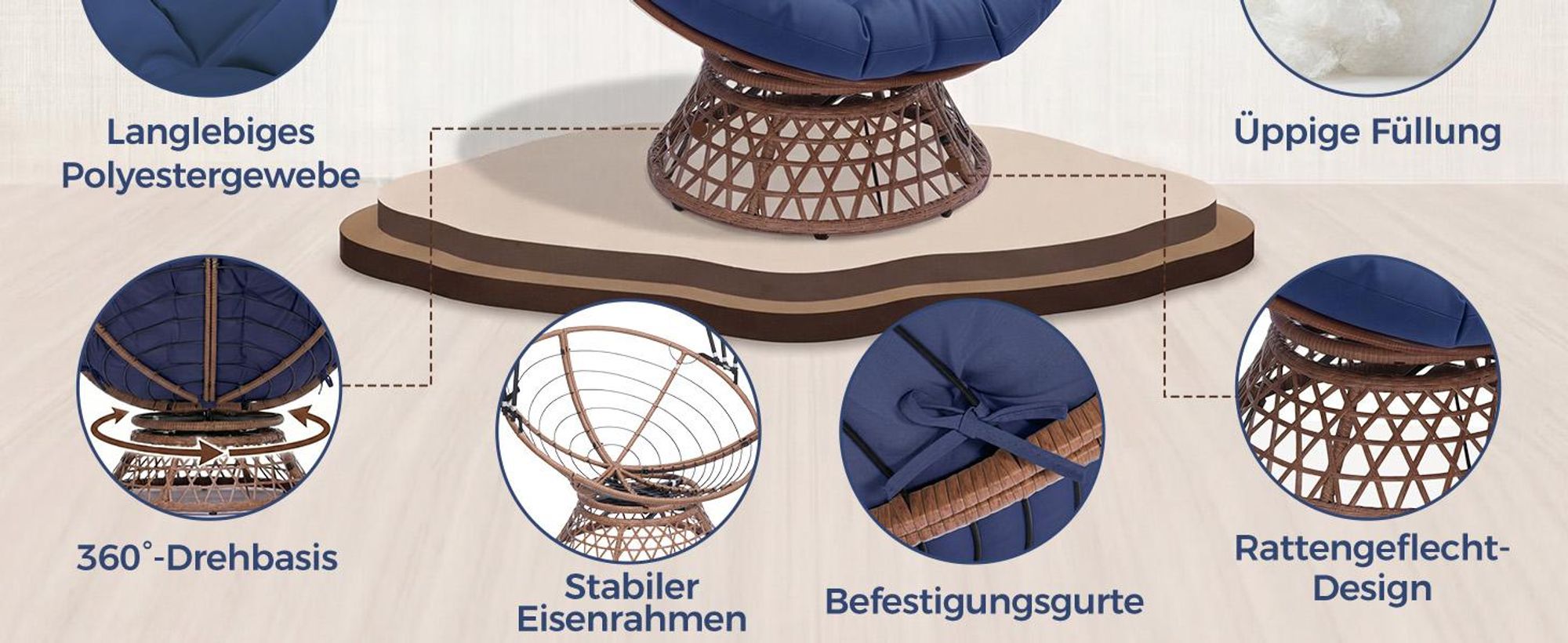 COMHOMA Papasansessel, gemütlicher Drehsessel mit Kissen rund, bequemer Rattansessel, Loungesessel drehbar, runder Relax Korbsessel Rattan, BLAU