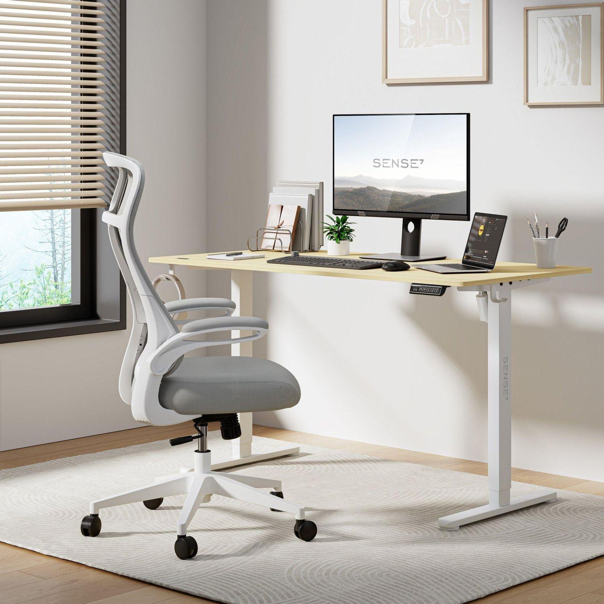 SENSE7 Revo Ergonomiczne krzesło biurowe Krzesło do biurka Szare Składane podłokietniki Siatkowe oparcie Funkcja kołysania Krzesło do domowego biura Krzesło szefa Krzesło komputerowe Białe 140 kg