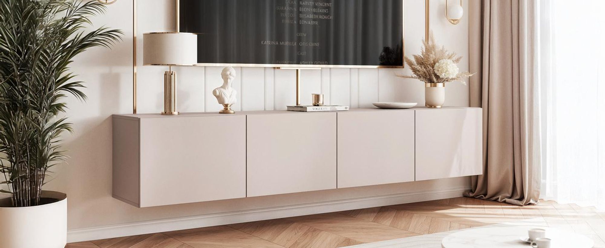 Idohome TV-Lowboard Angel 200 cm Kaschmir – Fernsehschrank, Wohnzimmer, TV-Schrank, Medienmöbel, Hängeschrank mit LED-Beleuchtung , Push-to-Open