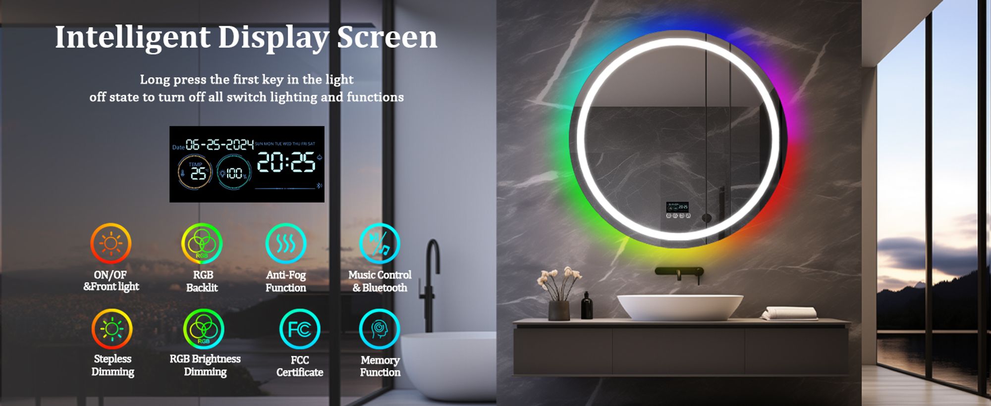 WISFOR LED Badspiegel Rund mit Bluetooth Lautsprecher, 80cm RGB Wandspiegel Badezimmerspiegel mit Beleuchtung dimmbar Beschlagfrei Touchschalter