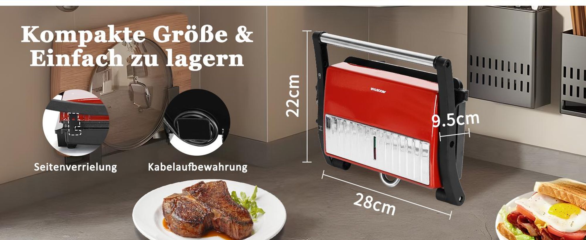 Aigostar - Kontaktgrill für Sandwiches, Steak auch als Panini Grill, Antihaftbeschichteter Grill toaster für fettfreies Grillen, 750W