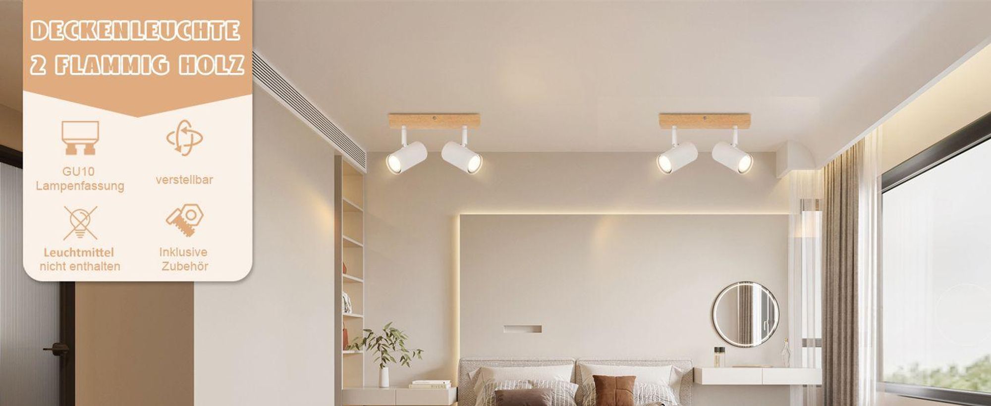 ZMH plafoniera bianca faretto da soffitto 2 fiamme legno plafoniera GU10 faretto da soffitto orientabile 350° faretto per soggiorno camera da letto cucina corridoio sala da pranzo