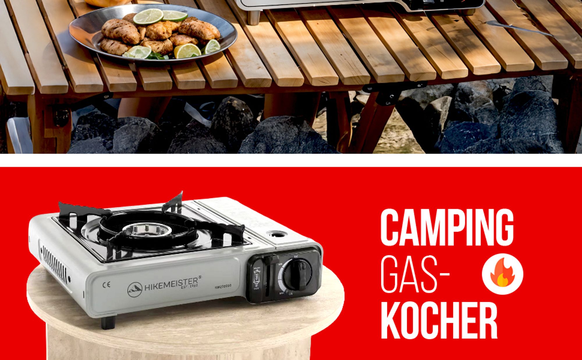 Hikemeister® Campingkocher Gas – Tragbarer Gaskocher 2200W mit Koffer – Camping Gasherd Outdoor Butan Kocher für Campingurlaub, Balkon & Garten - Grau