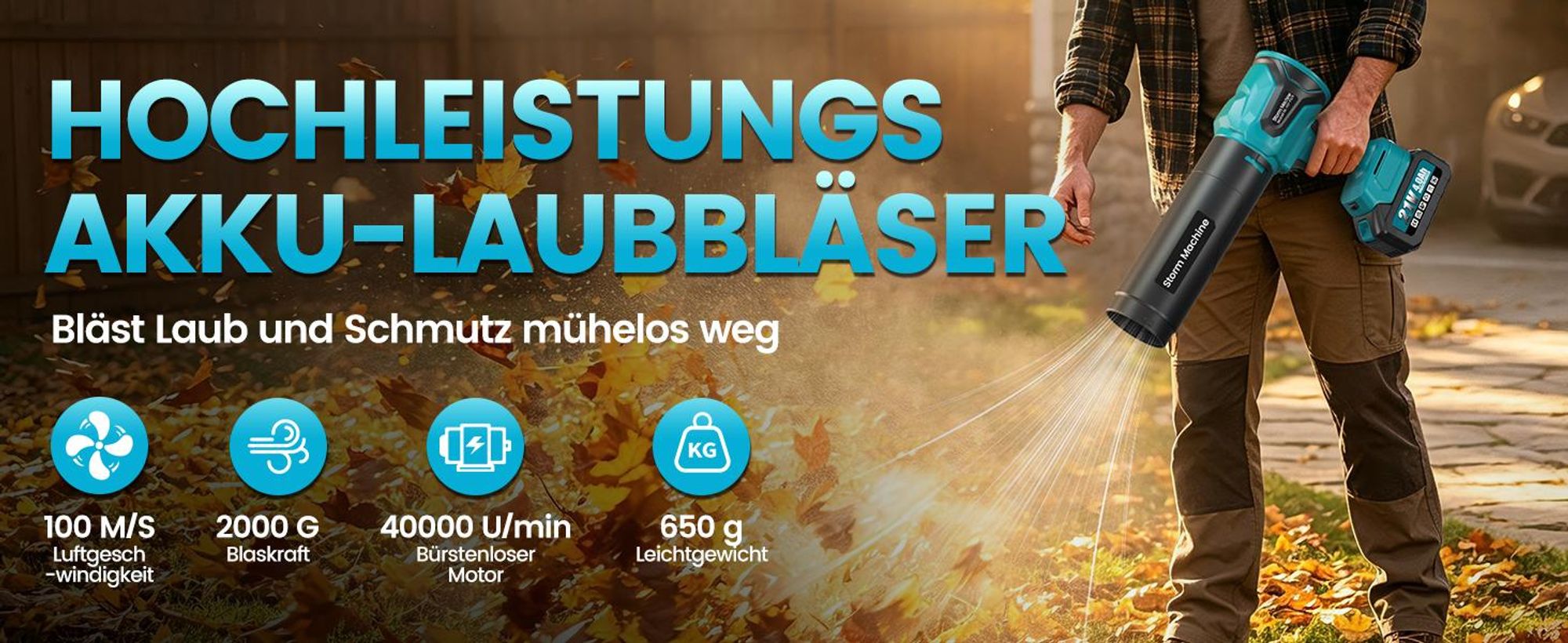 Turbo Gebläse,6 Stufen Bürstenloses Akku Laubbläser Akku,648 km/h Jet Fan mit 2*4 Ah Akuus, 40.000 U/min Elektrische Staubgebläse Luftbläser