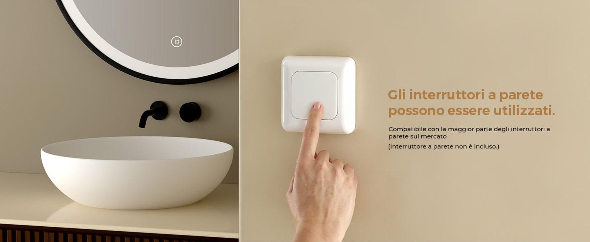 S'AFIELINA Specchio da bagno da 60 cm con illuminazione Specchio da bagno rotondo a LED con luce bianca fredda e tattile Cornice nera Cintura in pelle regolabile