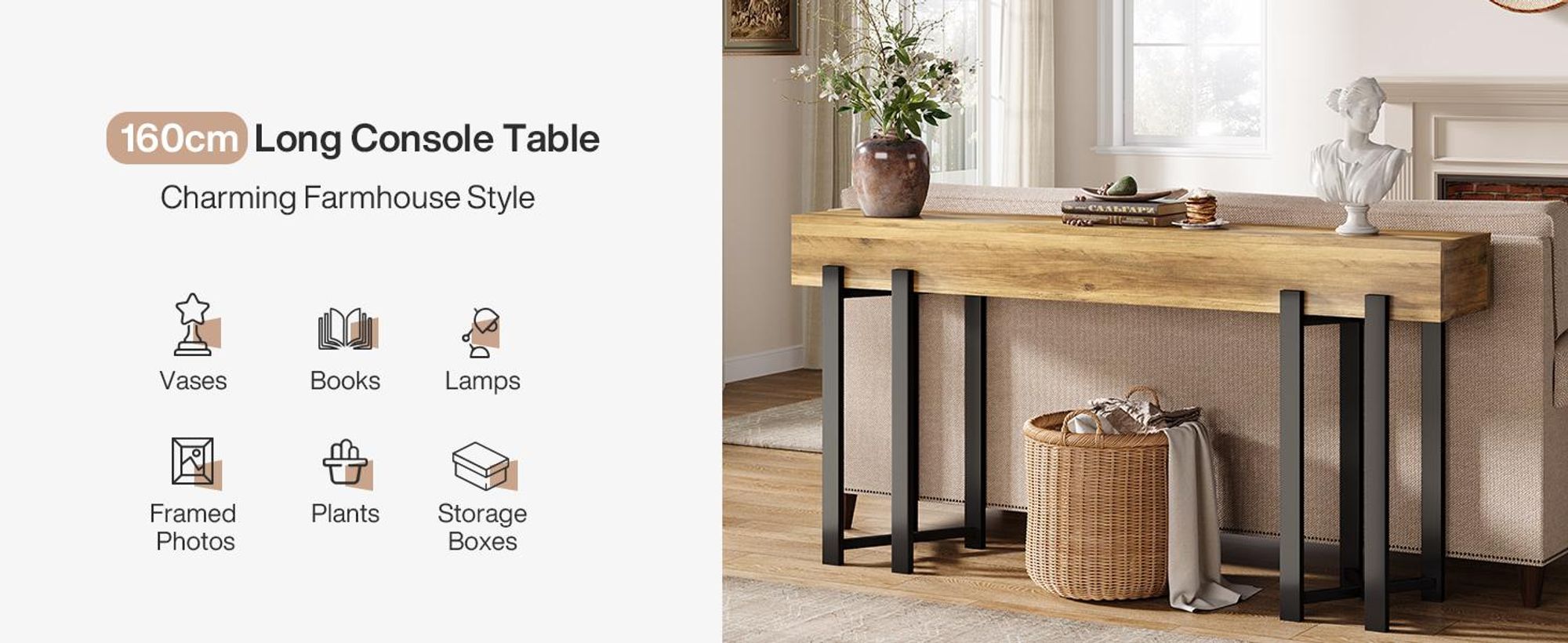 Tribesigns Schmaler Konsolentisch 160 cm, im Landhausstil - Platzsparend für Diele, Flur & Wohnzimmer, als Couchtisch mit robustem Metallgestell