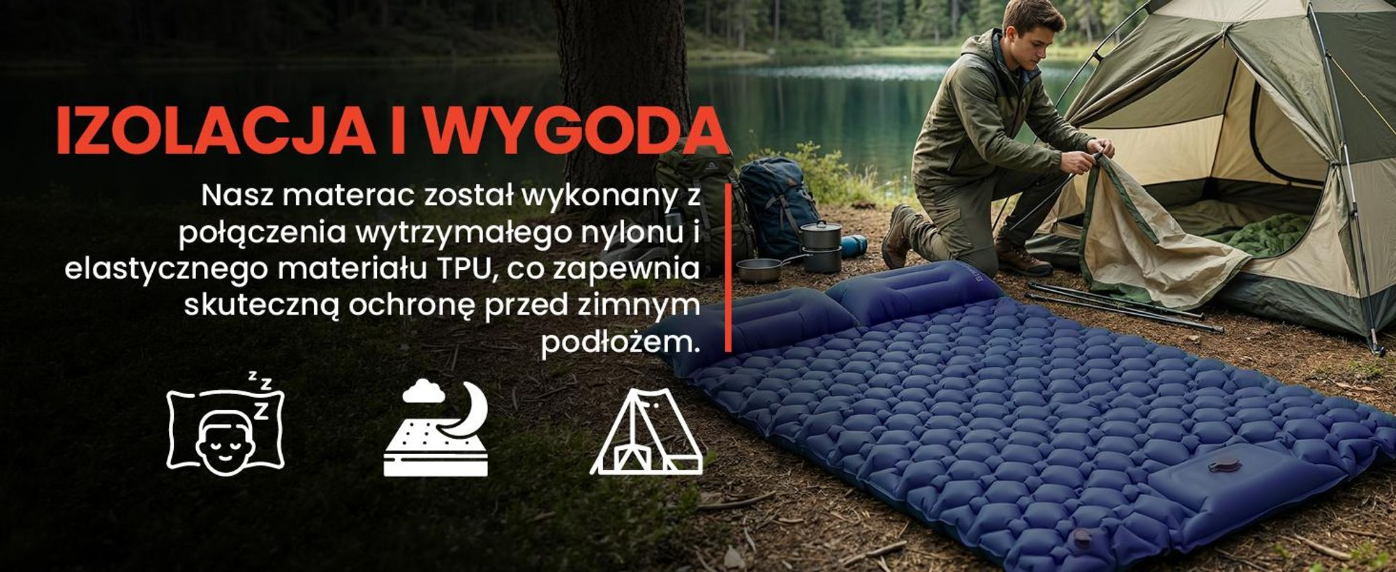 Granatowy materac samopompujący dwuosobowy bardza lekki