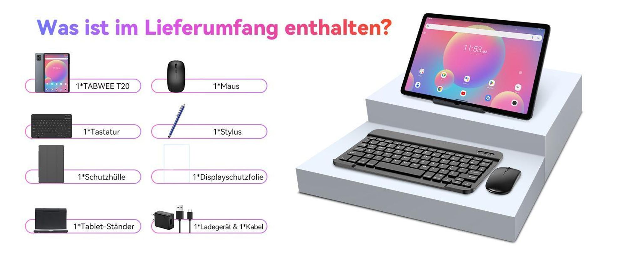 TABWEE T20 Android 16 Tablet 10.1 Zoll, 24GB(8+16) RAM+256GB ROM(2TB TF) mit Zubehör Tablet-PC, Widevine L1, 5G WiFi, Gemini Al