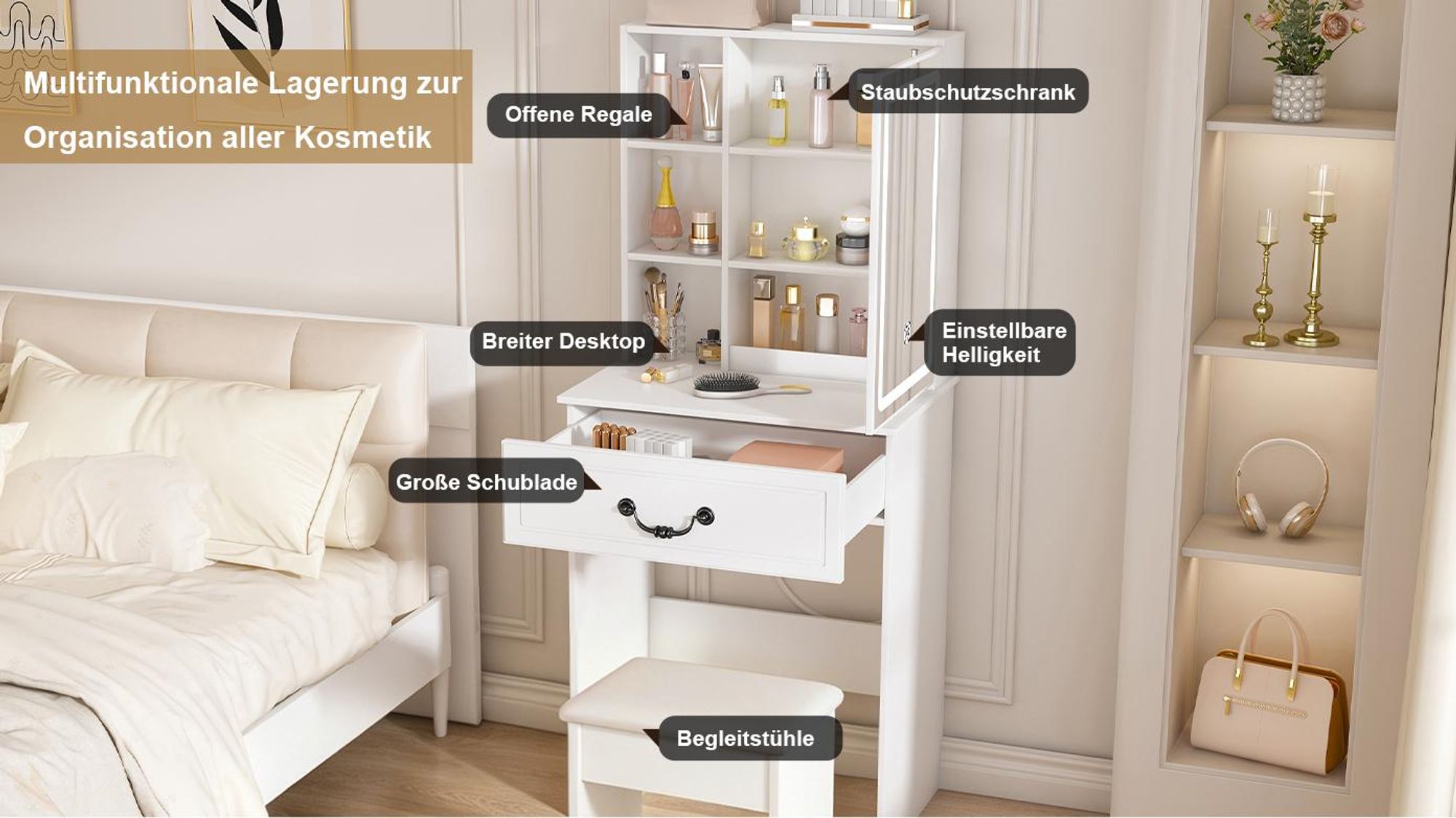 MODFU Schminktisch,moderner Frisiertisch mit dimmbarem LED-Spiegel und Hocker,kompakter Kosmetiktisch,Schminkkommode mit verstecktem Stauraum,Weiß