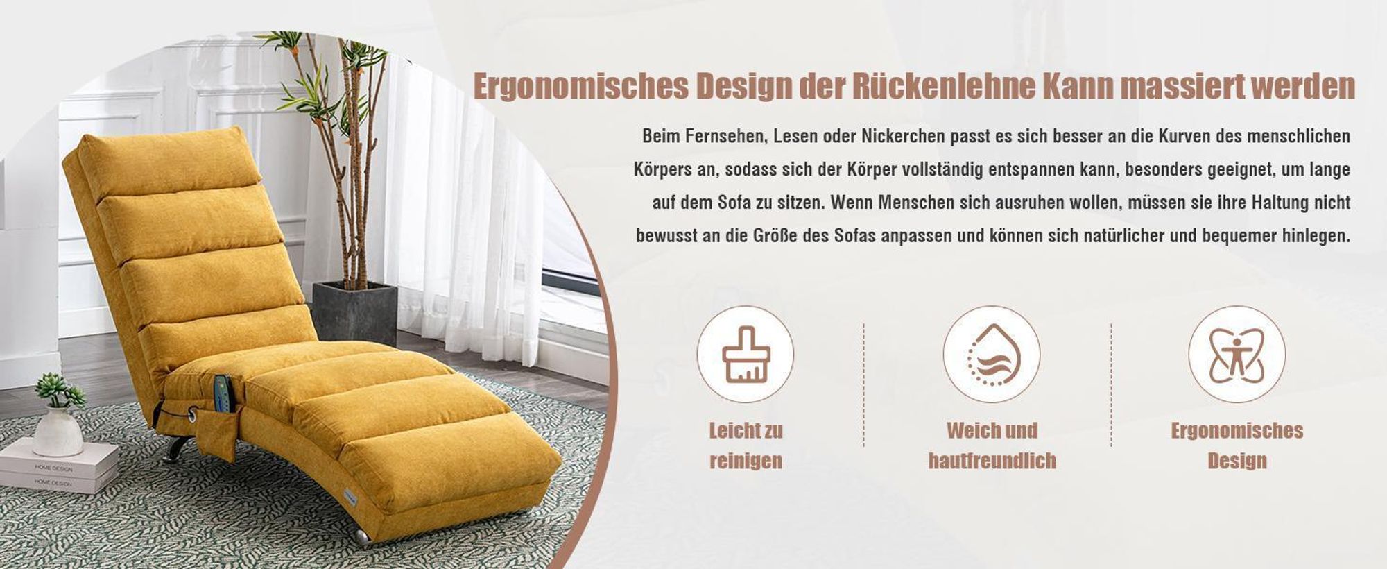LVHOM 5-in-1 Funktion Polsterliege Chaiselongue Relaxliege, Liegesessel mit Schlafen- und Vibrationfunktion, Bodenstuhl aus Leinenbezug, Gelb
