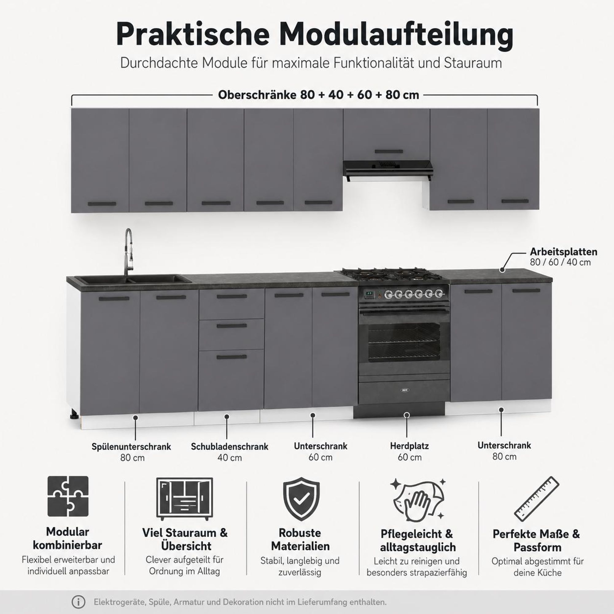 Küchenzeile 320 cm Anthrazit: Modulare Schränke & viel Stauraum