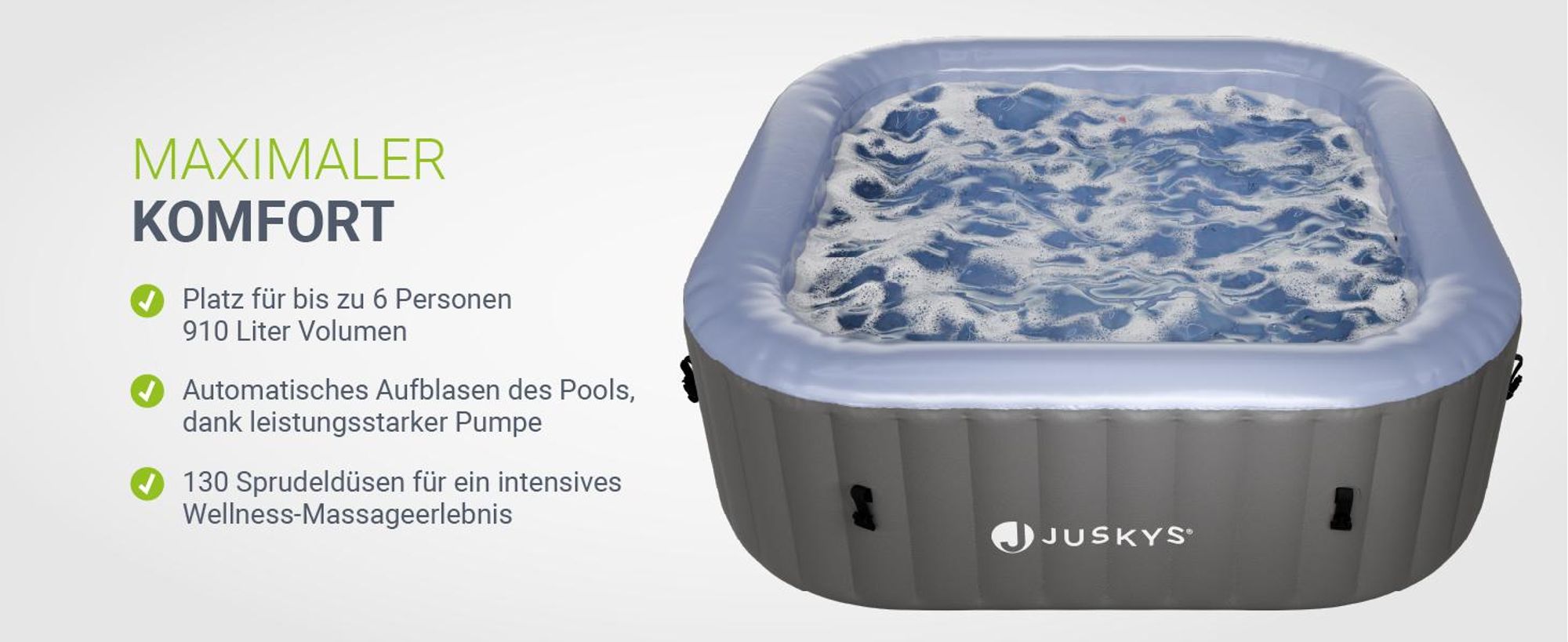 Juskys® Whirlpool SpaLuxe Grau/Blau - 3000W 130 Düsen aufblasbar 185x185x65 cm