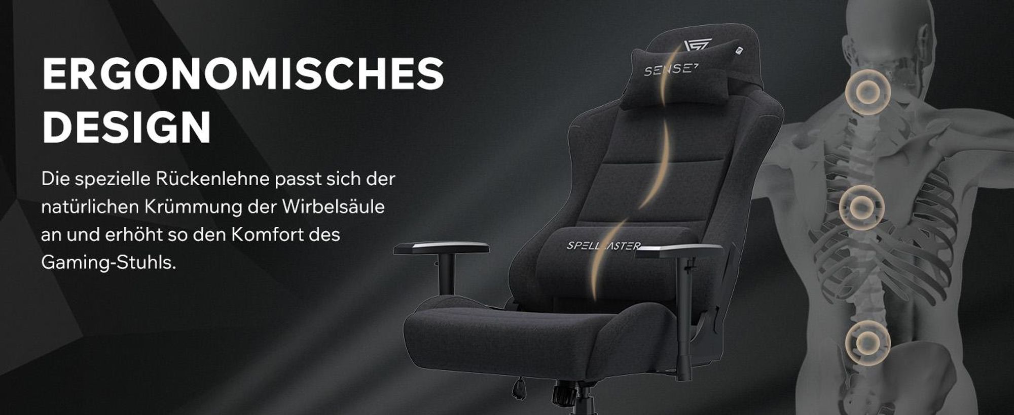 Sense7 Spellcaster FUKU XL Gamingstuhl, Gaming Sessel, Bürostuhl, Ergonomisch Schreibtischstuhl, Drehstuhl mit Kopfstützen bis zu 160kg, Schwarz stuhl