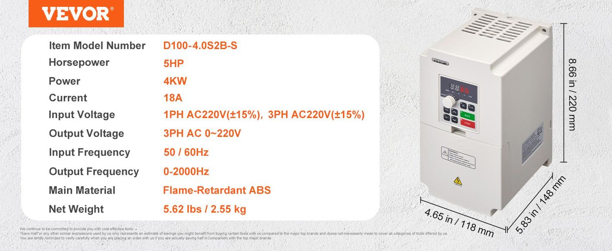 VEVOR VFD 10HP, 7,5KW, 35A, 1 oder 3 Phasen 220V Eingang zu 3 Phasen 220V Ausgang Frequenzumrichter, 40-60Hz Eingang, 0-400Hz Ausgang VFD für Spindelmotor CNC Geschwindigkeitsregelung, 4kw, 220 V-d