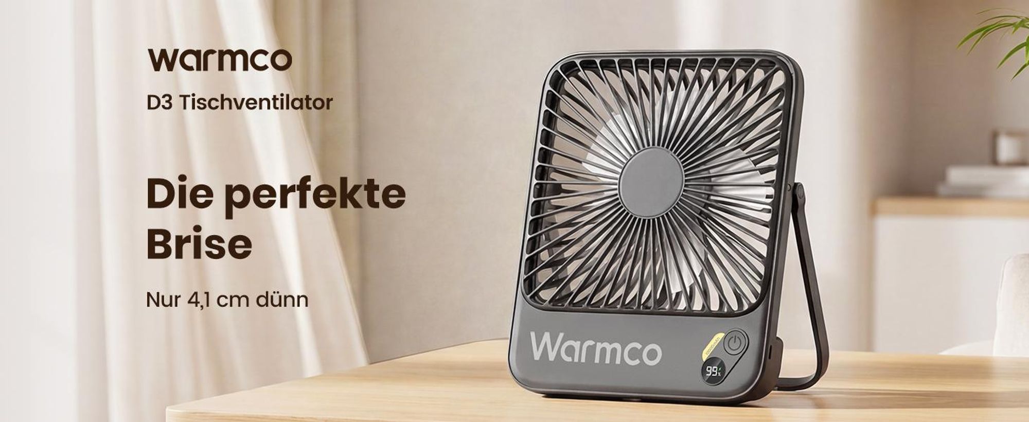 Warmco D3 Akku Ventilator 10000mAh, Tischventilator Leise, 10–24Std. USB-C, LED-Anzeige, Ultraflacher 4-Stufen Ventilator Für Büro, Schlafzimmer, Camp