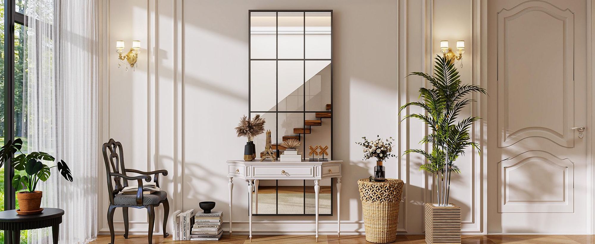Koonmi 64x175 cm Fensterscheibe Ganzkörperspiegel - Dekorative Vollkörper mit Metallrahmen hängend Schrägung für den Eingang, Wohnzimmer, Schwarz