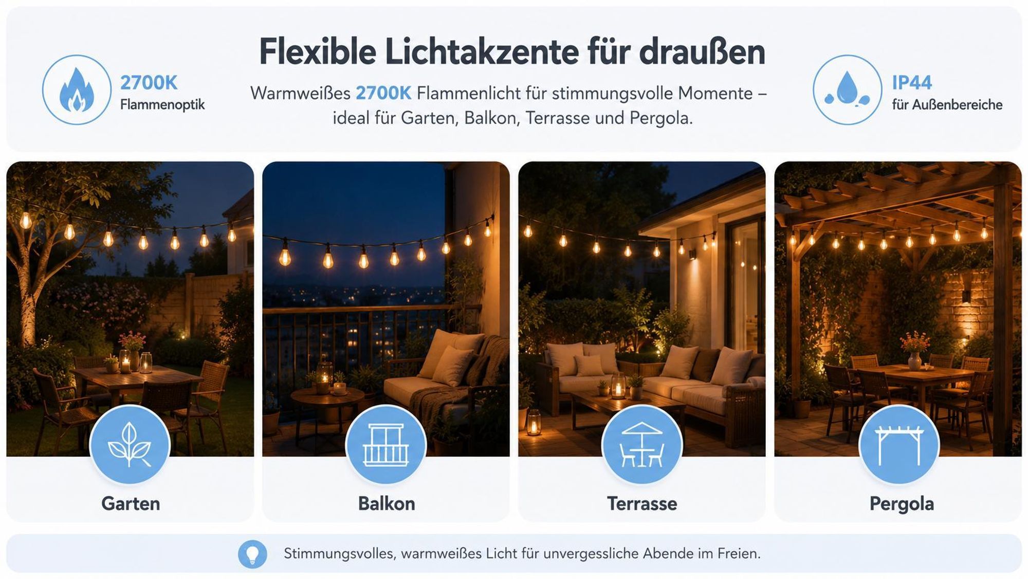 MasterLED LED Lichterkette Außen 6,5m 10x ST14 24V Flammen-Effekt 2700K IP44
