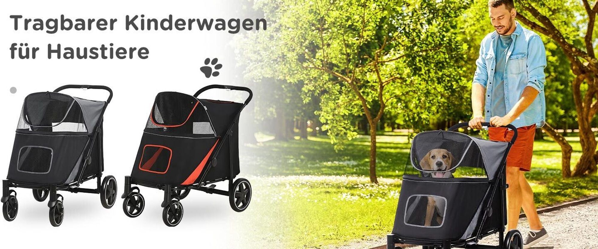 PawHut Hundewagen, Hundebuggy mit Kissen, faltbarer Hundetrolley, Katzenbuggy für große und mittelgroße Hunde, Hundetrolley mit Netzfenster, Sicherheitsleinen, Tasche, Oxfordstoff, Grau