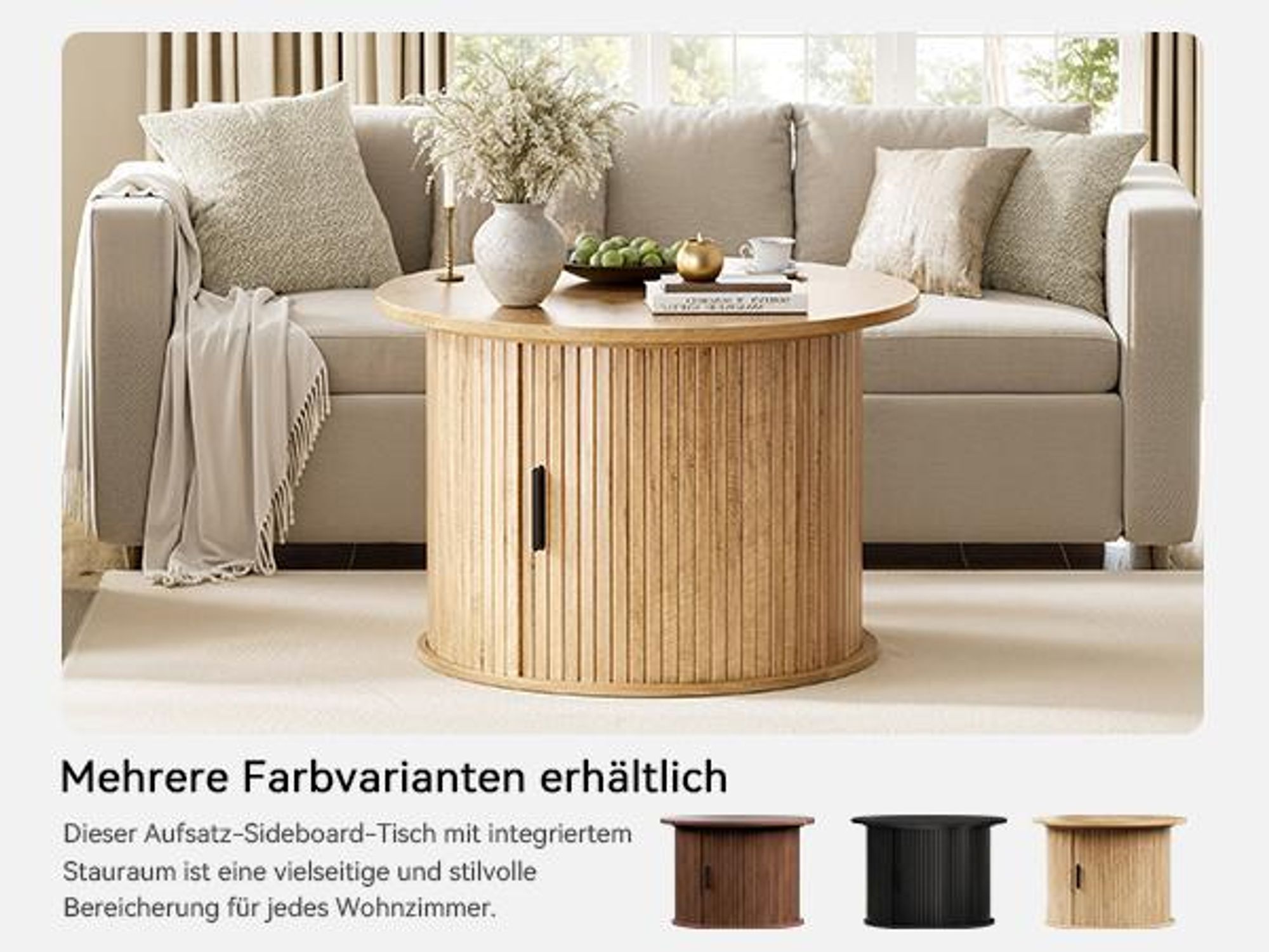 FABATO Runder Couchtisch mit Hochfahrplatte & gewelltem Holzdekor – mit verstecktem Stauraum, offenem Regal & drehbarer Schiebetür als kleiner Esstisc