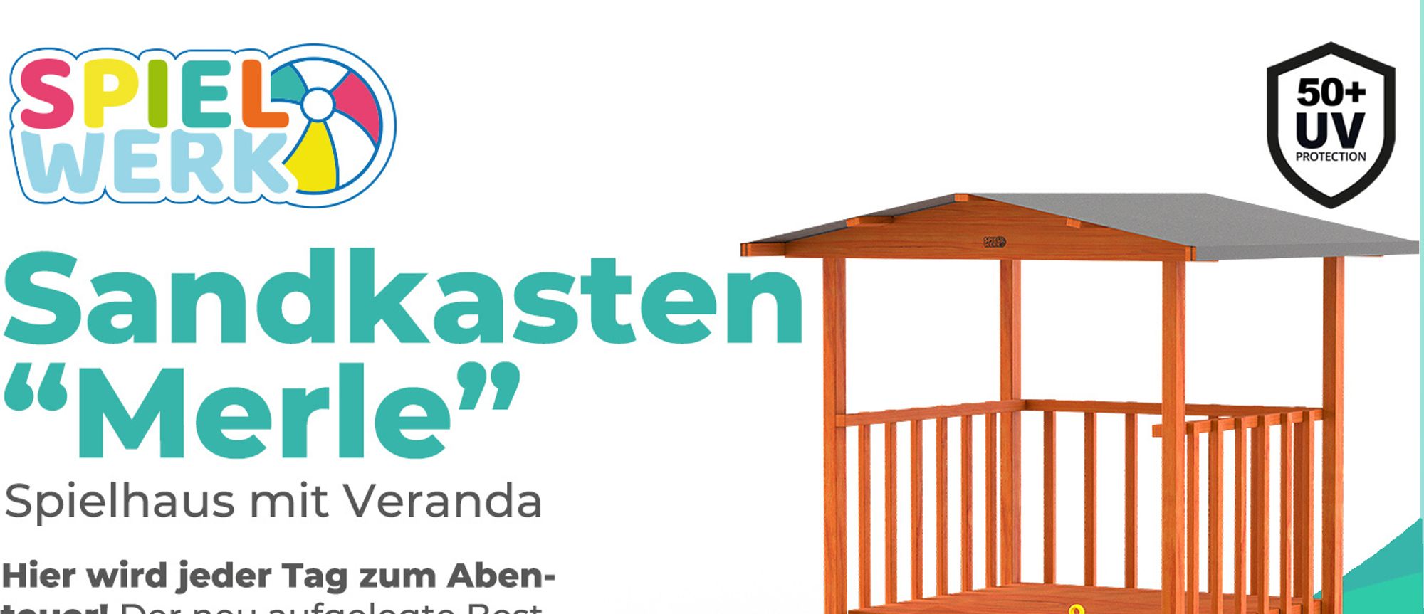 SPIELWERK® Sandkasten Merle Sonnendach 143x130x130cm Veranda 95x95x20cm UV-Schutz Sandbox