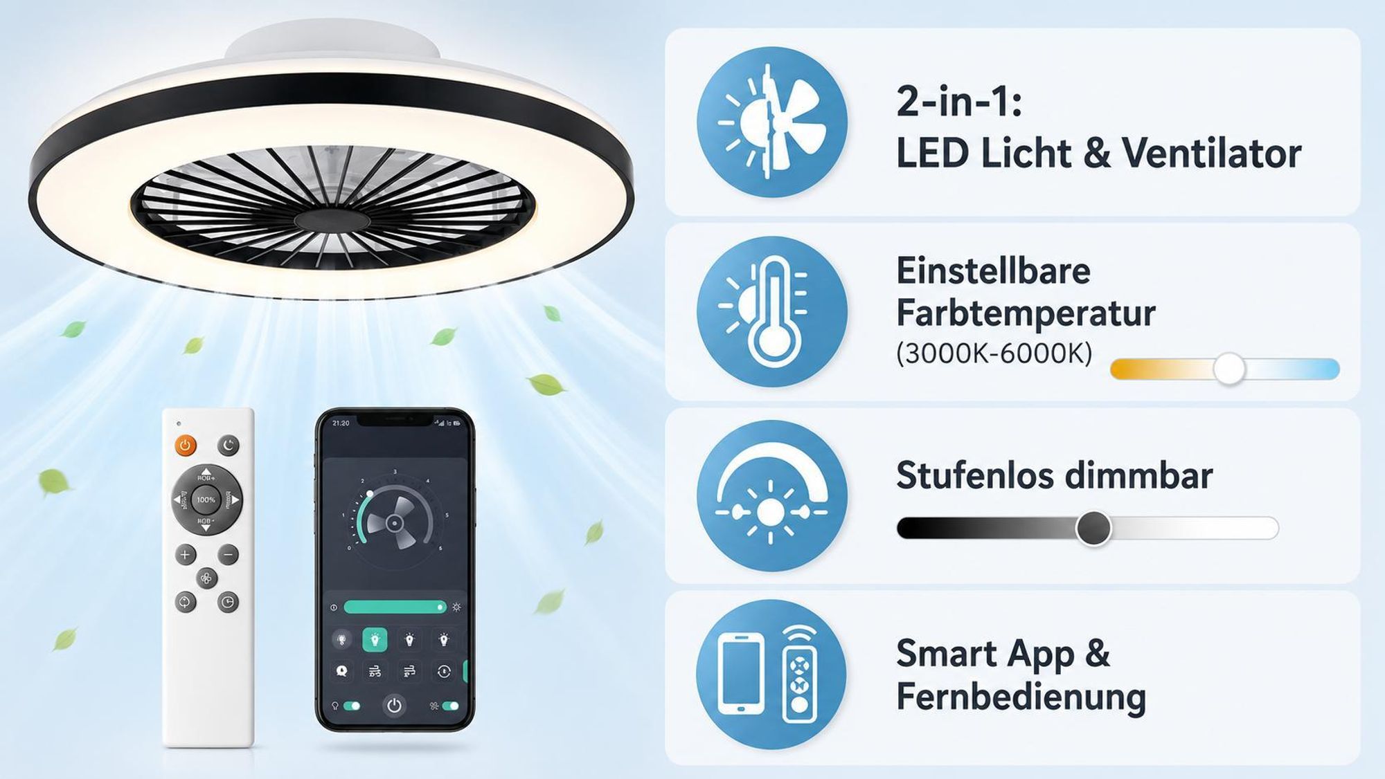 MasterLED LED Deckenleuchte mit Ventilator dimmbar 3CCT Schwarz Ø48cm Deckenlampe mit App-Steuerung und Fernbedienung