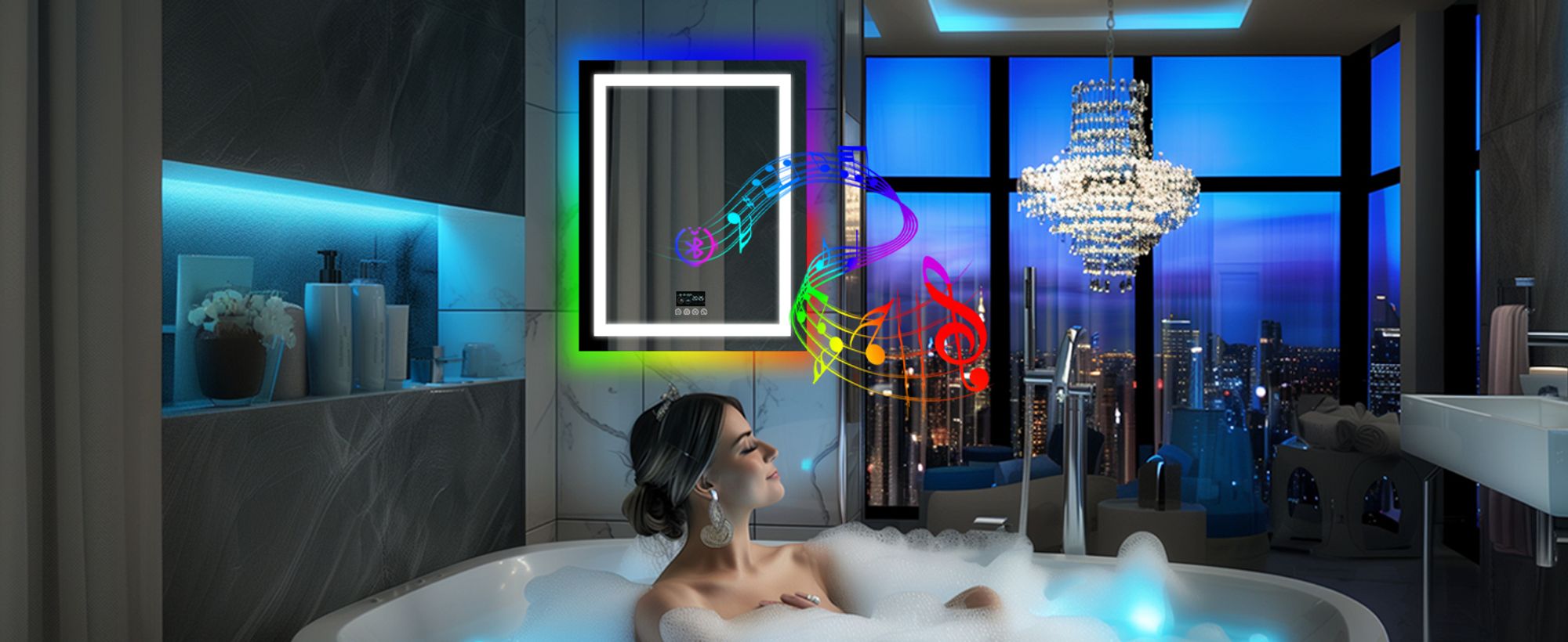 WISFOR LED Badspiegel mit Bluetooth Lautsprecher, 70×90cm RGB Wandspiegel Badezimmerspiegel mit Beleuchtung dimmbar Beschlagfrei Touchschalter