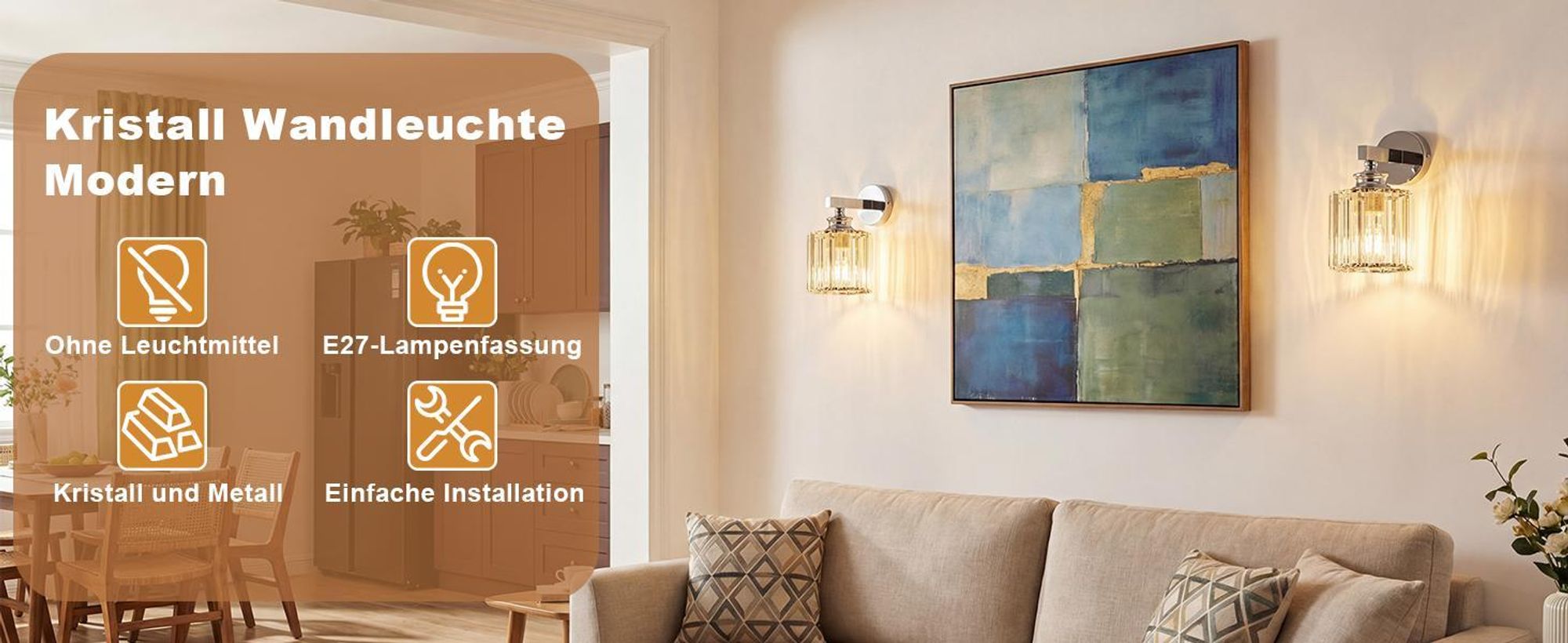 ZMH Wandleuchte Kristall Wandlampe Innen Wandbeleuchtung Wandstrahler Flurlampe Wand E27 für Schlafzimmer Wohnzimmer Flur(ohne Leuchtmittel)