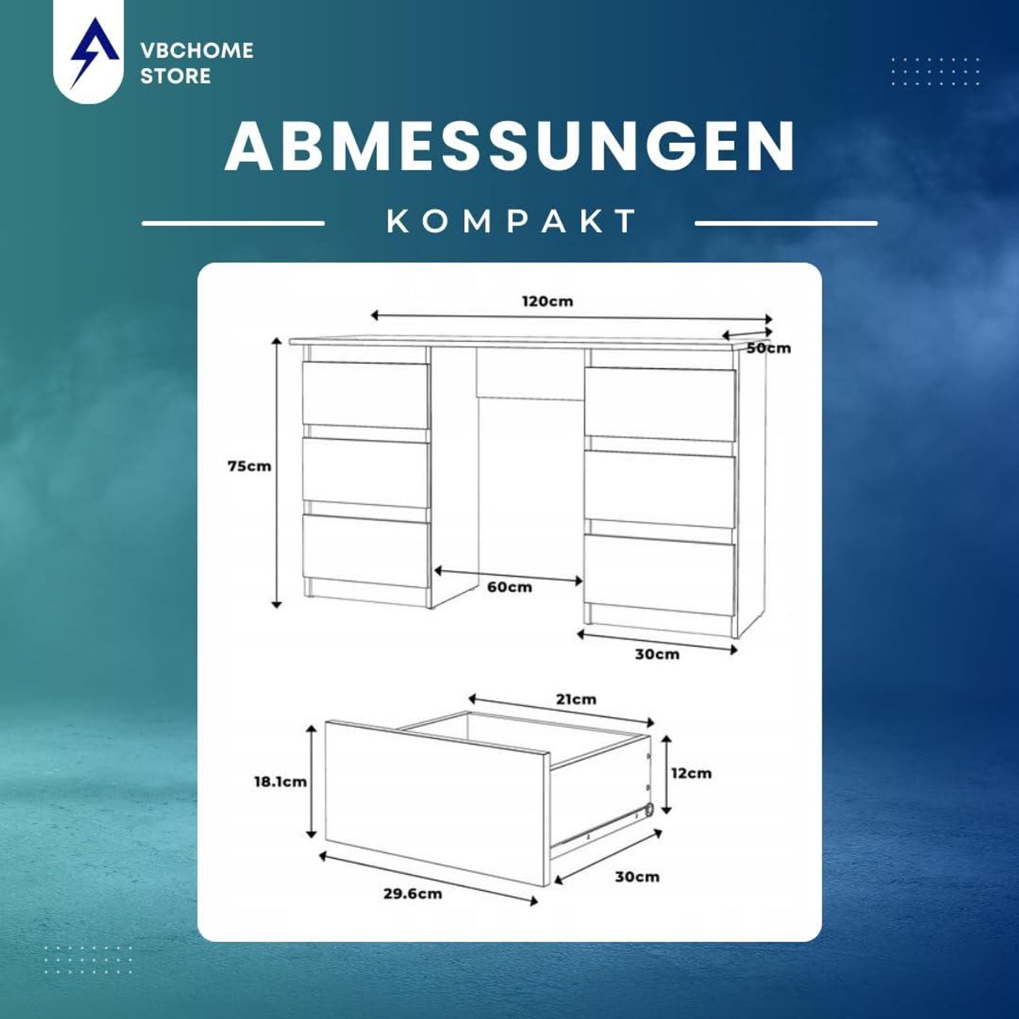 VBChome Schreibtisch 120x50x75 cm Eiche Sonoma Bürotisch mit 6 Schubladen Computertisch PC-Tisch Arbeitstisch Laptoptisch Home Office Schreibtisch
