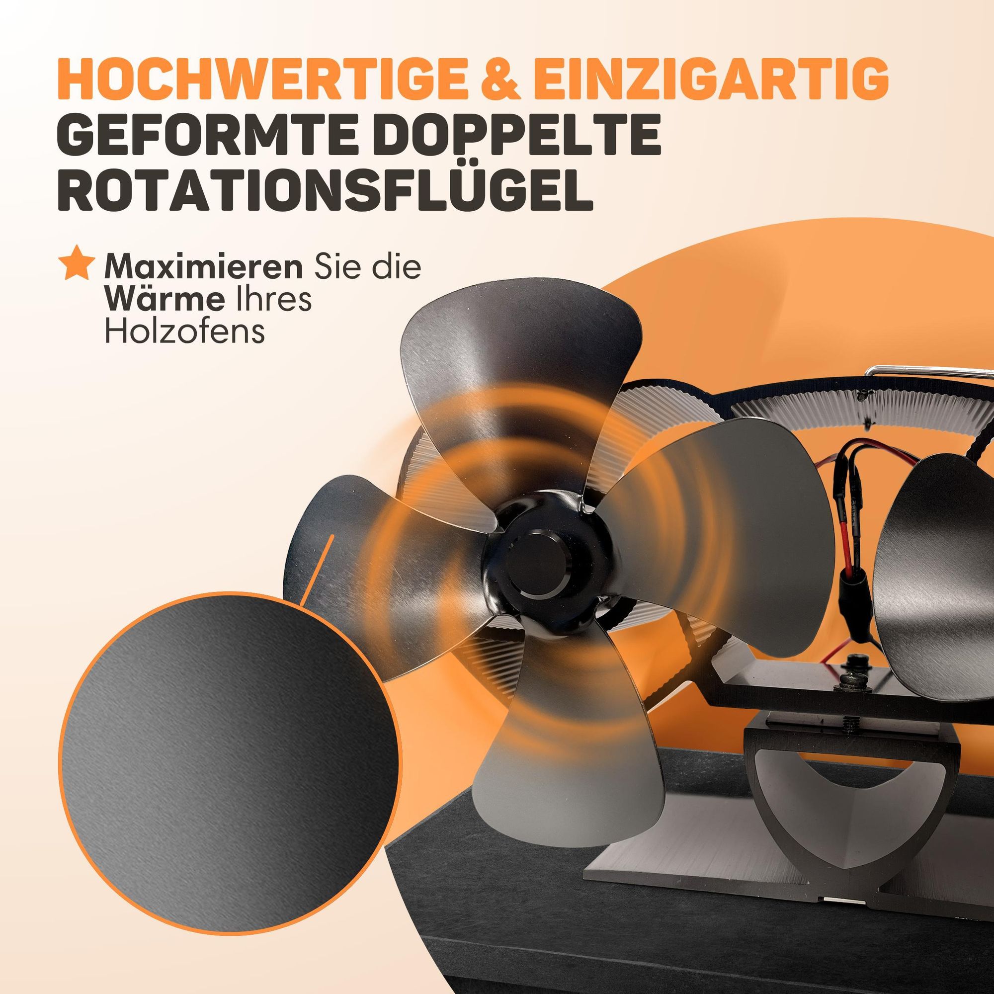 Vulpes Goods Heizungsventilator | Ventilator für Holzofen In freistehendem Design | Kaminventilator - schnelleres Aufheizen des Raumes / Blätter